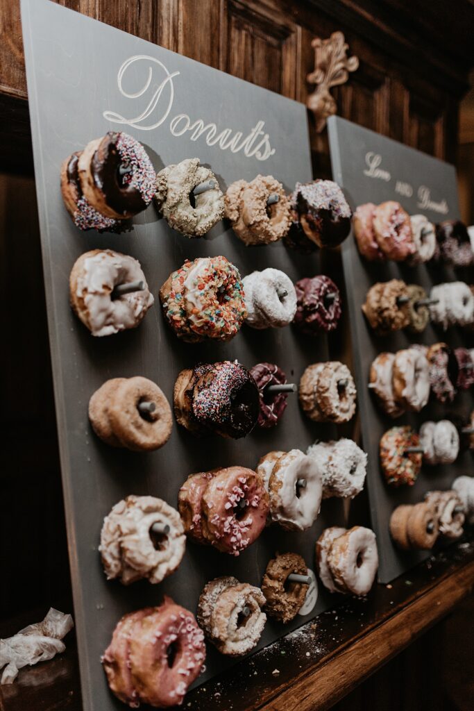 Donuts on peg board for display.