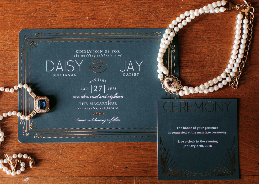 Wedding invitation and ceremony place card in navy blue