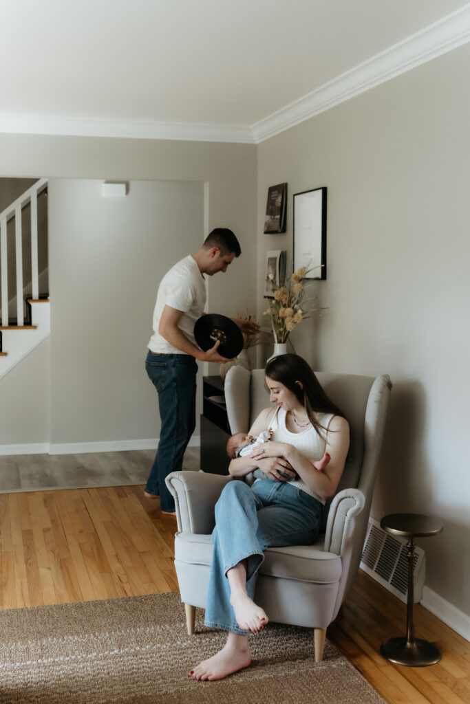 Candid family photos in a brightly lit home