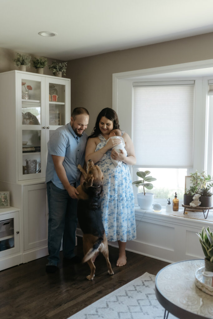 A family stands by a bright living room window with their family dog during an at home newborn photography session.